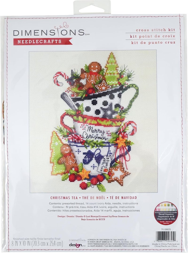 Dimensions 70-09625 Christmas Tea Holiday Counted Cross Stitch Kit, 8" x 10", 14 Cnt. Ivory Aida, 4 Pieces - Image 1